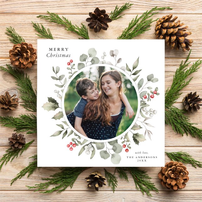 Elegant White Winter Greenery Wreath Photo Square Holiday Card (Creator Uploaded)