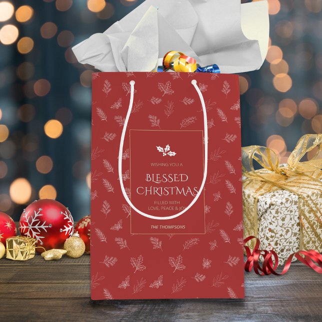 Elegant White Winter Leaves Mistletoe Red Medium Gift Bag (Creator Uploaded)