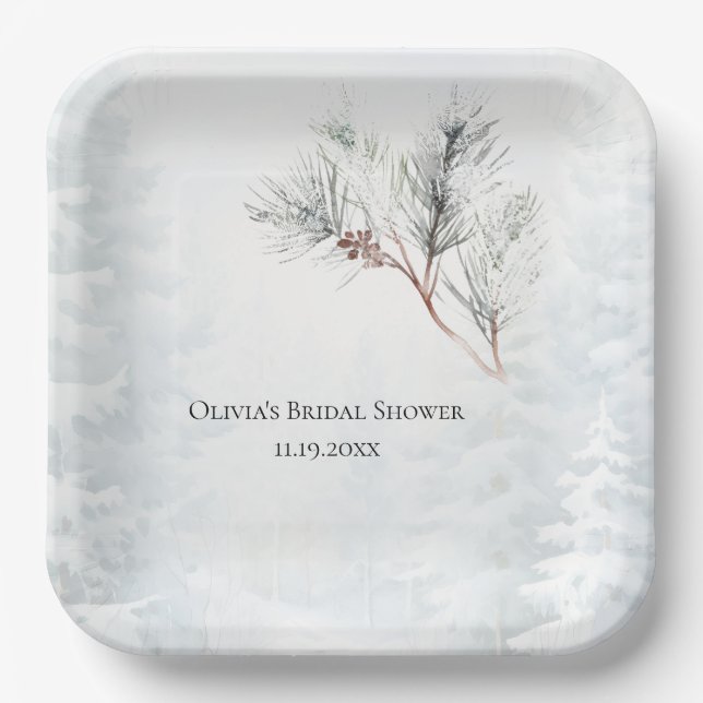Elegant White Winter Pine Bridal Shower Paper Plates (Front)