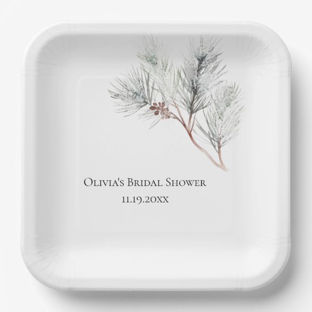 Elegant White Winter Pine Bridal Shower Paper Plates (Front)