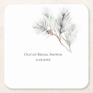 Elegant White Winter Pine Bridal Shower Square Paper Coaster