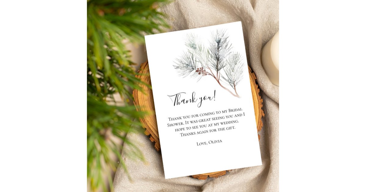 Elegant White Winter Pine Bridal Shower Thank You Card | Zazzle