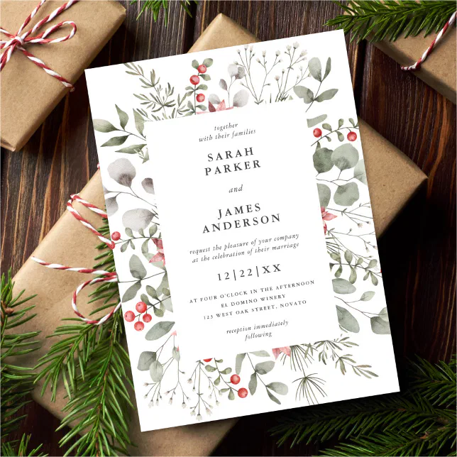 Elegant White Winter Watercolor Greenery Wedding Invitation | Zazzle