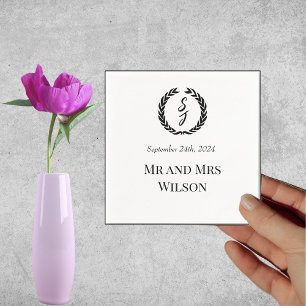 Elegant White with Black Monogram Wreath Dinner Napkins