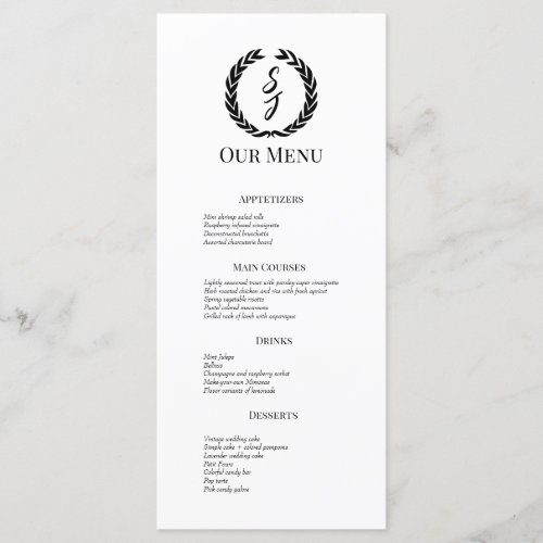 Elegant White with Black Monogram Wreath Wedding Menu