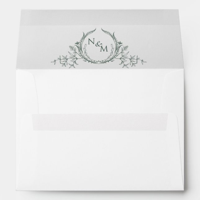 Elegant White With Green Monogram Wedding Envelope (Back (Bottom))