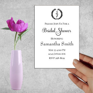 Elegant White with Monogram Wreath Bridal Shower Invitation