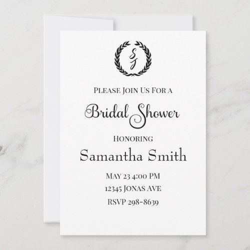 Elegant White with Monogram Wreath Bridal Shower Invitation