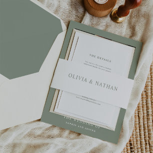Elegant White with Sage Green Text Wedding Invitation Belly Band