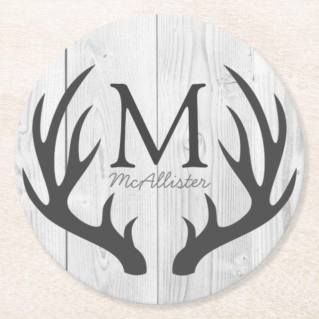 Elegant White Wood & Gray Deer Antlers Round Paper Coaster (Front)