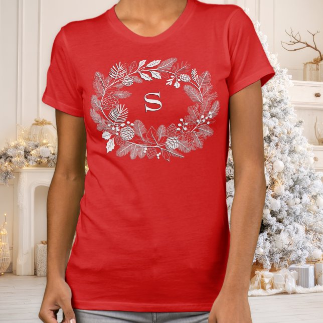 Elegant White Wreath Monogram Minimal Line Art T-Shirt (A festive t-shirt for the holiday season, with a monogram initial inside a Christmas wreath)