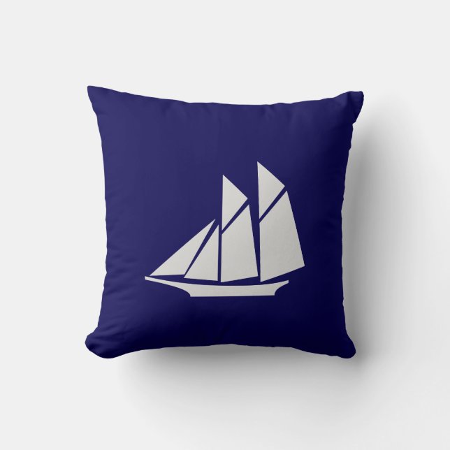 Elegant White Yacht on Navy Blue Throw Pillow (Front)