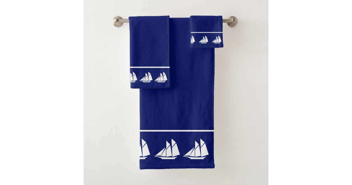 Elegant White Yachts on Navy Blue Bath Towel Set Zazzle