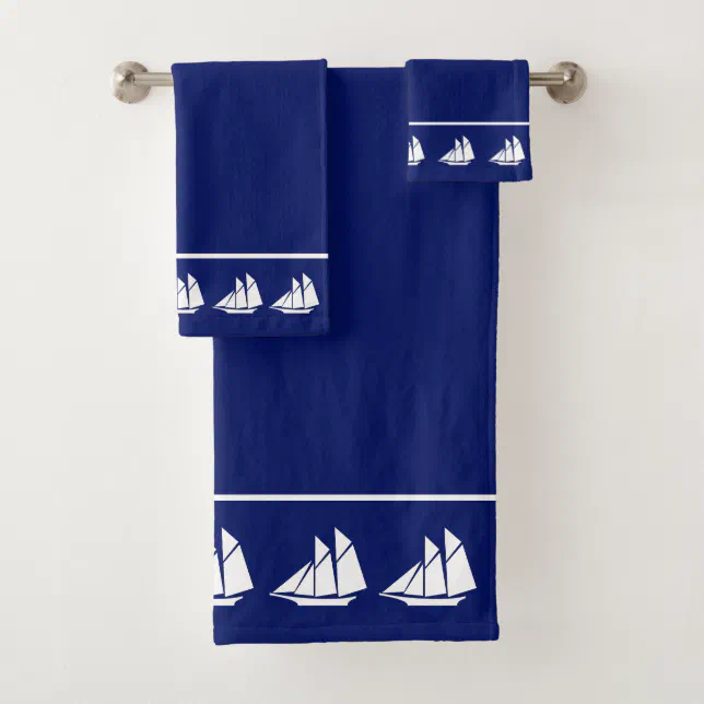 Elegant White Yachts on Navy Blue Bath Towel Set Zazzle