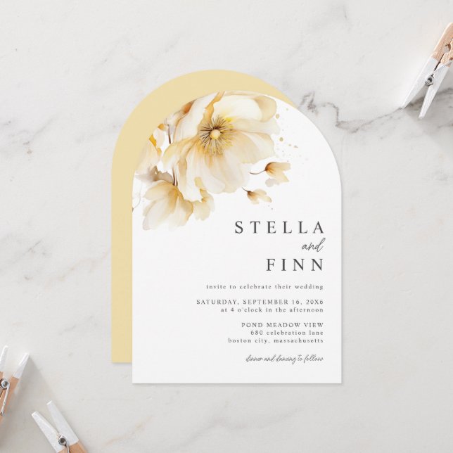 Elegant White Yellow Gold Flowers Details Wedding Invitation (Front/Back In Situ)