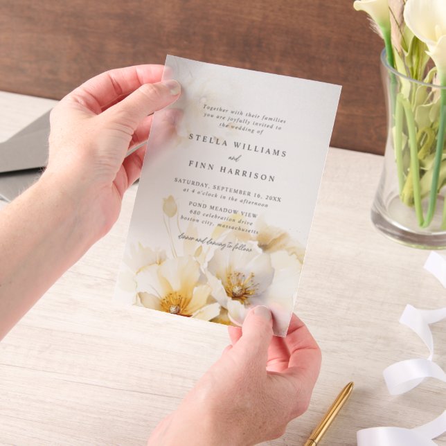 Elegant White Yellow Gold Flowers Wedding Vellum Invitations (Handheld)