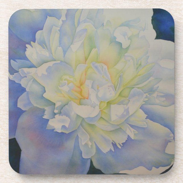 Elegant white yellow peony floral watercolor  beverage coaster (Front)
