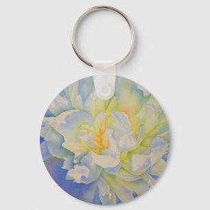Elegant white yellow peony floral watercolor keychain