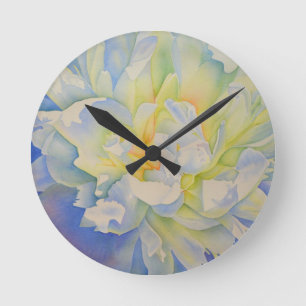 Elegant white yellow peony floral watercolor round clock