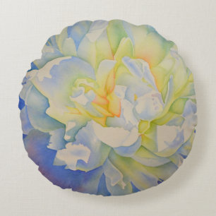 Elegant white yellow peony floral watercolor round pillow