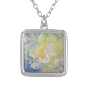 Elegant white yellow peony floral watercolor silver plated necklace