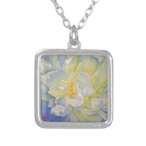 Elegant white yellow peony floral watercolor  silver plated necklace