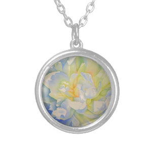 Elegant white yellow peony floral watercolor  silver plated necklace