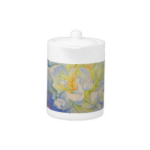 Elegant white yellow peony floral watercolor teapot