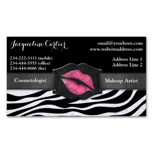 Elegant White Zebra Glitter Kiss Cosmetologist Business Card Magnet