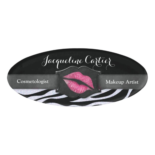 Elegant White Zebra Glitter Kiss Oval Name Tag (Front)