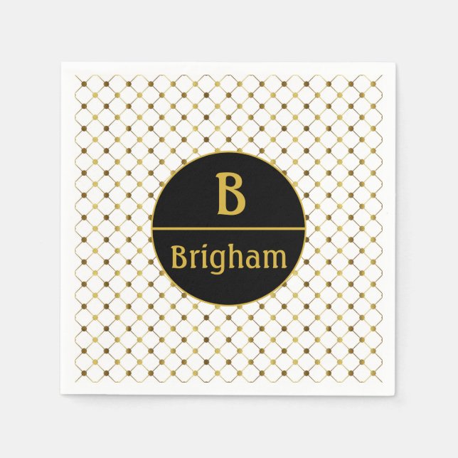 Elegant Whiter & Gold Dot Grid Split Monogram Napkins (Front)