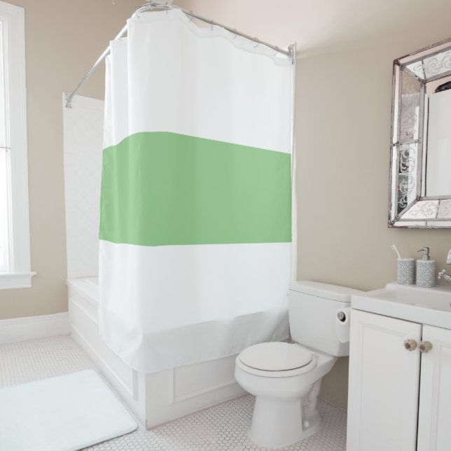 Elegant Wide Light Sage Green Stripe On White Shower Curtain (In Situ)