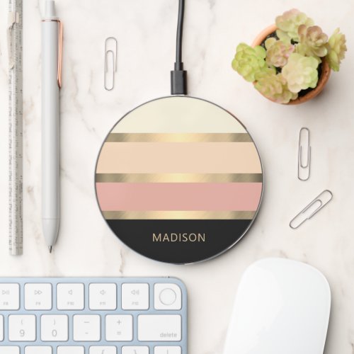 Elegant Wide Striped Modern Monogram Name Wireless Charger