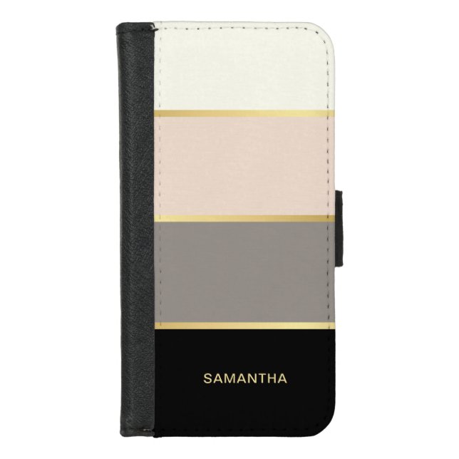 Elegant Wide Stripes with Your Name iPhone Wallet Case (Front)