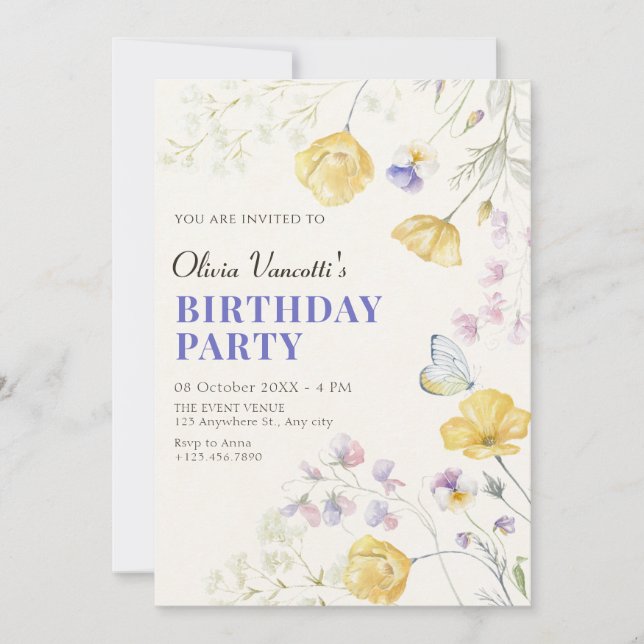 Elegant wild floral birthday invitation (Front)