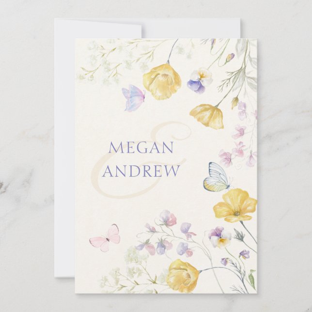 Elegant wild floral butterflies wedding invitation (Front)