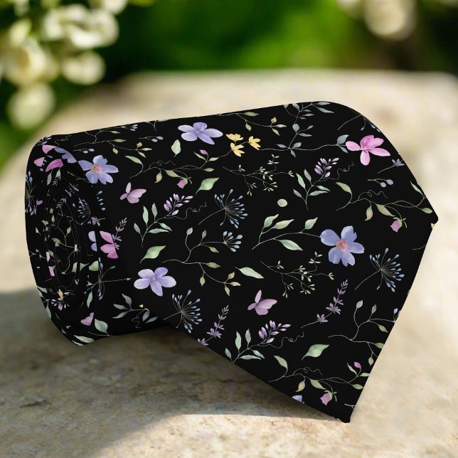 Elegant Wild Floral On Black Background Wedding Neck Tie (Creator Uploaded)