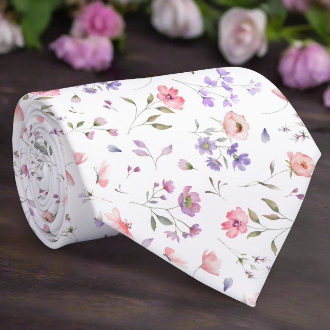 Elegant Wild Flower On White Background Wedding Neck Tie (Creator Uploaded)