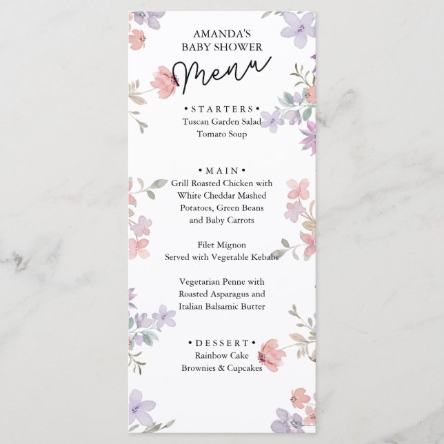 Elegant Wild Flowers Baby Shower  Menu (Front)