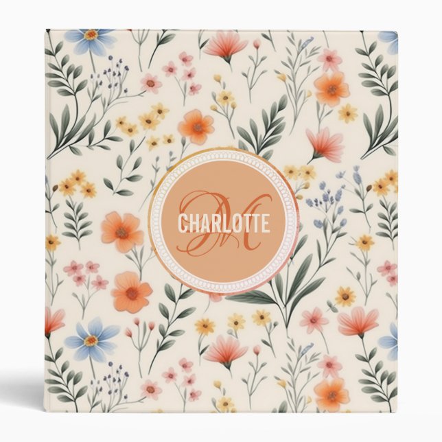 Elegant wild flowers monogram name 3 ring binder (Front)