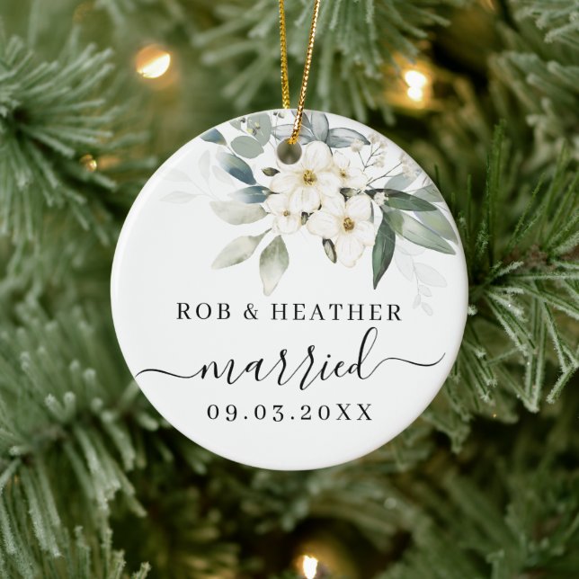 Elegant Wild Flowers Personalized Married Newlywed Ceramic Ornament (Tree)