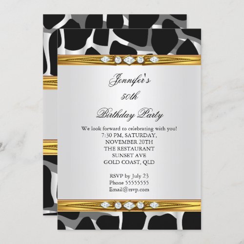 Elegant Wild Gold Black White Diamond Birthday Invitation