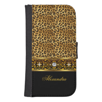Elegant Wild Leopard Black Gold Jewel Wallet Phone Case For Samsung Galaxy S4