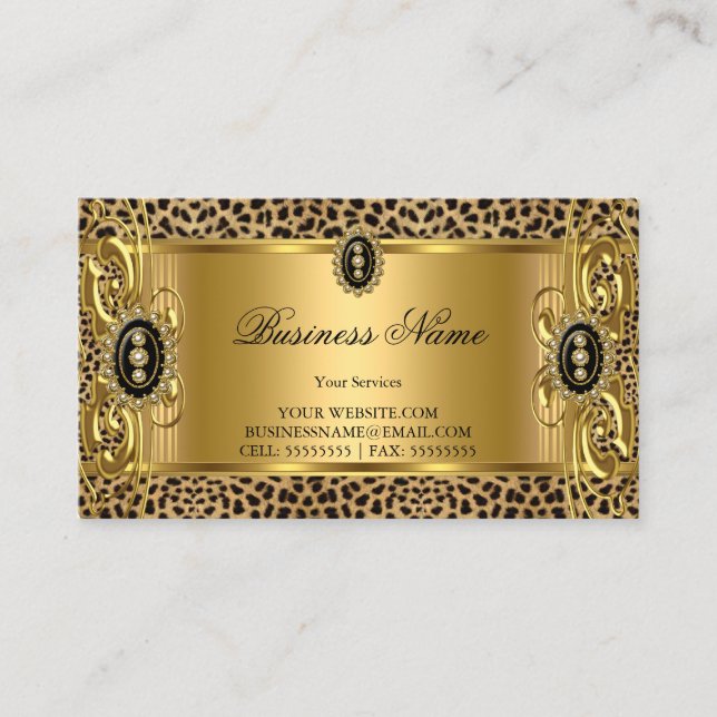 Elegant Wild Leopard Gold Black Jewel Business Card (Front)