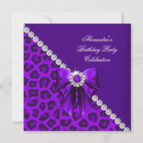 Elegant Wild Leopard Purple Bow Diamonds Birthday Invitation