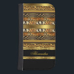 Elegant Wild Mixed Animal Black and Gold Phone Wallet<br><div class="desc">Elegant Wild Mixed Animal, Leopard Tiger Zebra Animal Print Black and Gold, faux Jewel. Elegant Classy Phone Mobile Case Girly for Women girl Add Name Initials Glitter (Be advised that image will appear darker on Case) Fabulous product for Women, Girls, Zizzago created this design PLEASE NOTE all flat images! They...</div>