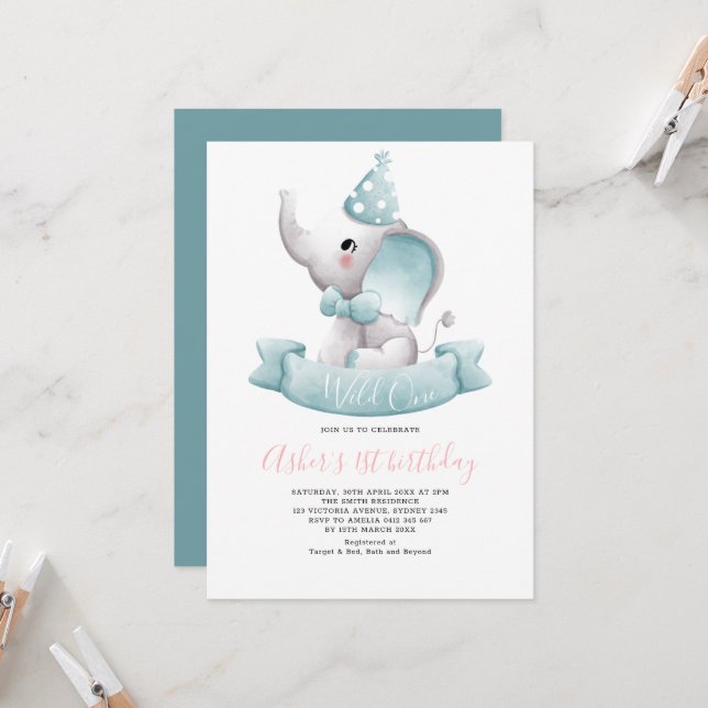 Elegant Wild One Elephant 1st Birthday Invitation (Front/Back In Situ)