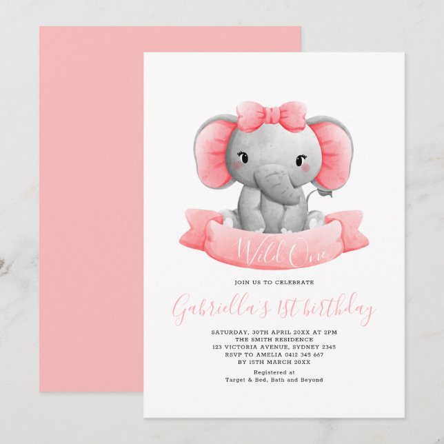 Elegant Wild One Elephant Girl 1st Birthday Invitation (Front/Back)