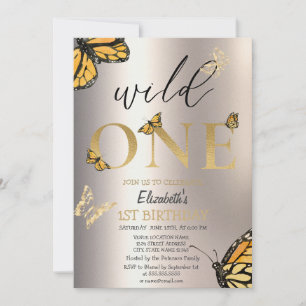 Elegant Wild One Gold Butterflies Birthday Invitation