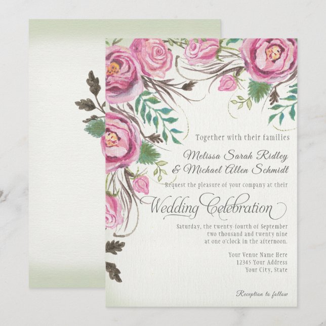 Elegant Wild Rose Floral Summer Fall Sage Wedding Invitation (Front/Back)